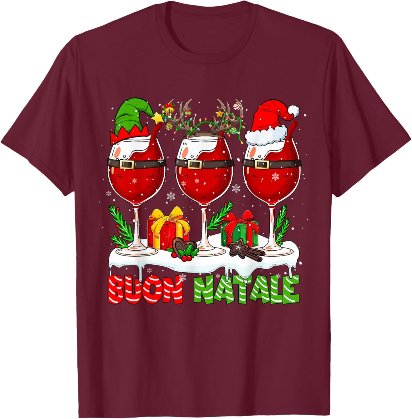 Buon Natale Merry Christmas Italian Three Santa Wine Glasses T-Shirt - T-Shirt | Maroon