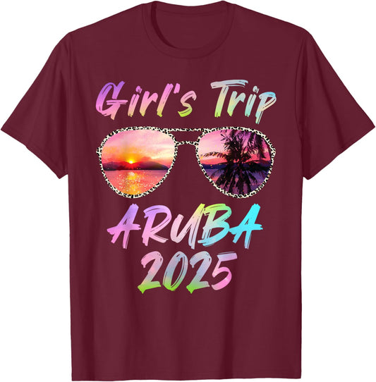 Girls Trip Aruba 2025 Summer Vacation Sunglass Holiday T-Shirt - T-Shirt | Maroon