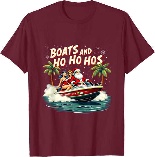 Christmas Funny Santa Boats And Ho Ho Hos T-Shirt - T-Shirt | Maroon