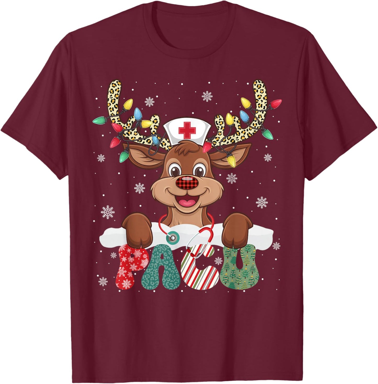 PACU Nurse Reindeer Nurse Hat Christmas Light Women Girl T-Shirt - T-Shirt | Maroon