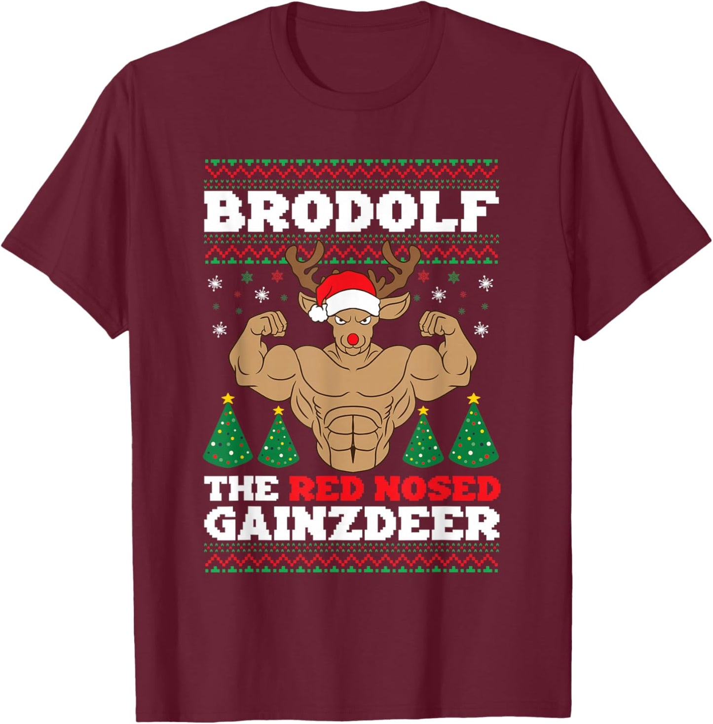 Brodolf Funny Christmas Buff Reindeer Gym Bodybuilding Xmas T-Shirt - T-Shirt | Maroon