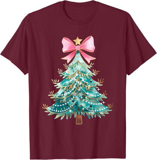 Christmas Tree Bow Pink Christmas Coquette Bow Xmas Holiday T-Shirt - T-Shirt | Maroon