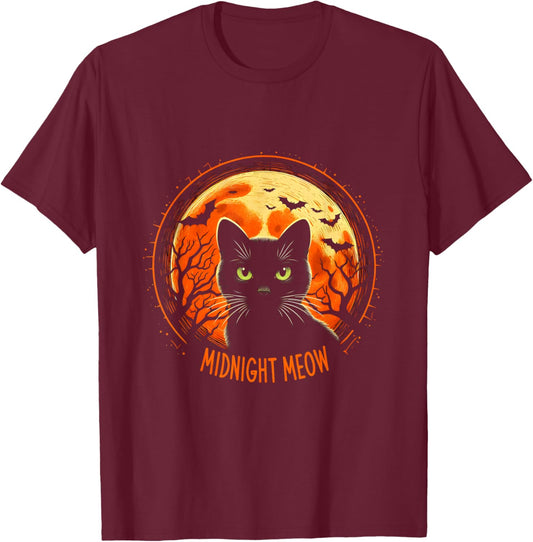 Halloween Black Cat Lover Midnight Meow T-Shirt - T-Shirt | Maroon