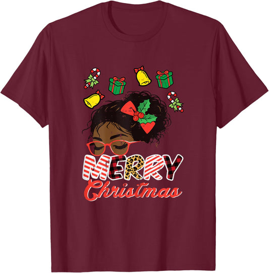 Merry Christmas Black Girl Xmas African Women Girls Kids T-Shirt - T-Shirt | Maroon