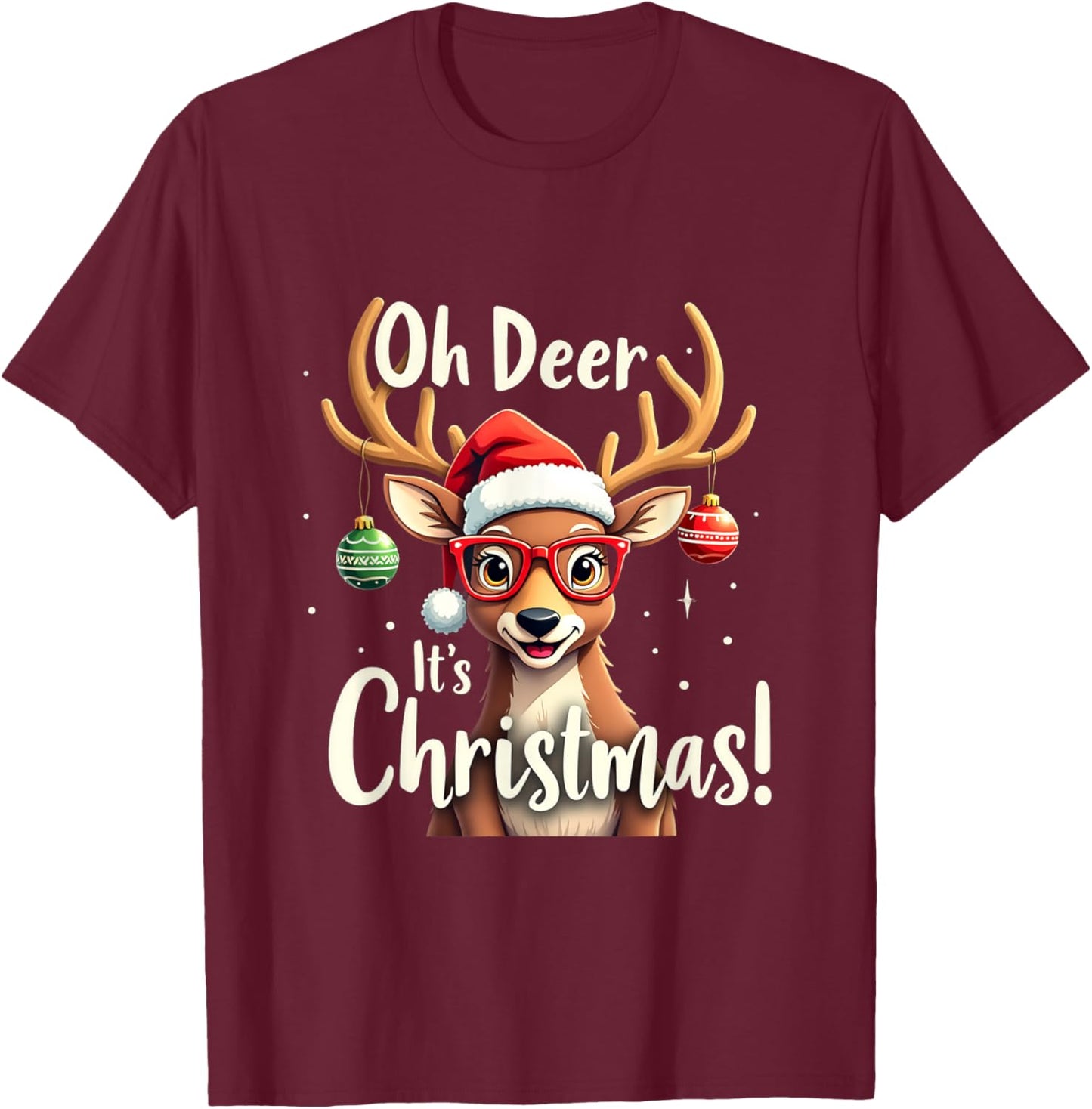 Oh Deer It's Christmas with Santa Hat and Glasses T-Shirt - T-Shirt | Maroon