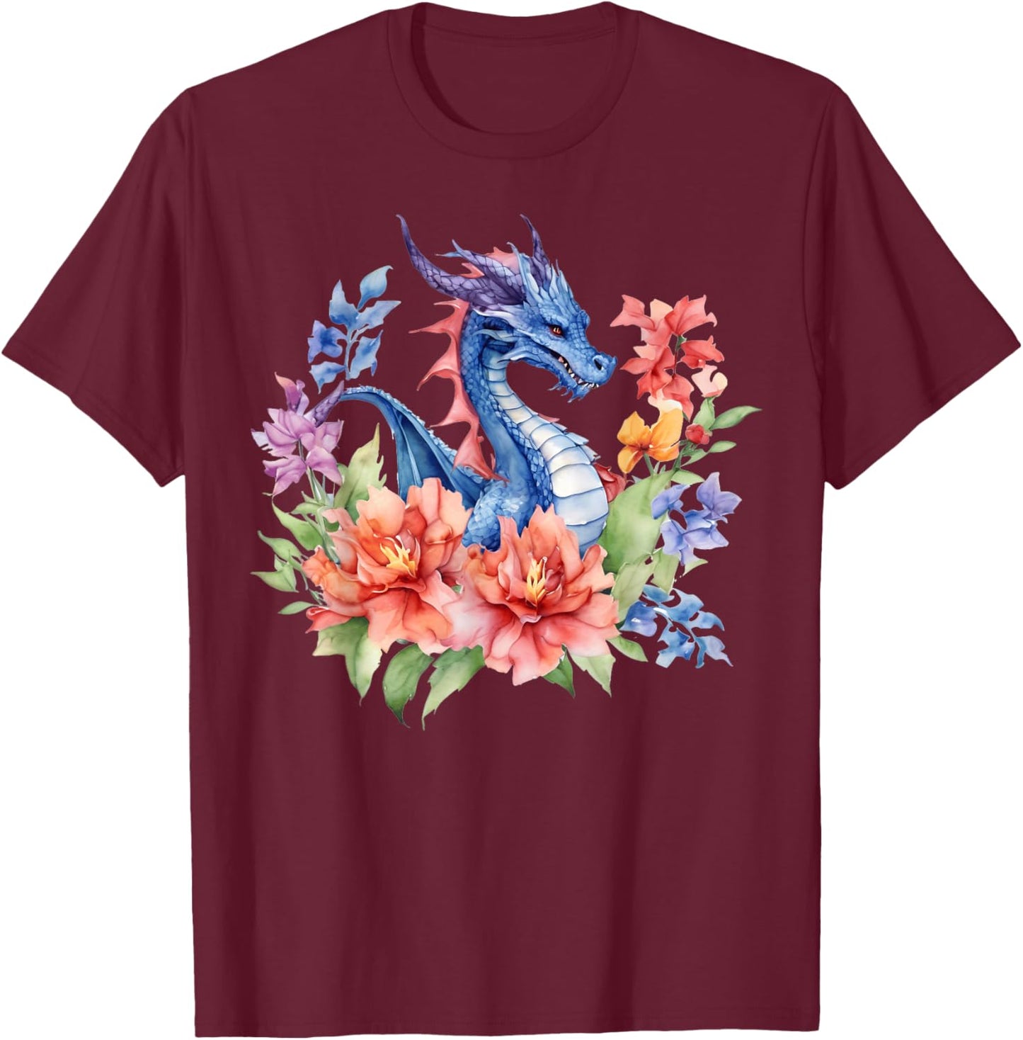 Watercolor Dragon Flowers Beautiful Art Colorful Graphic T-Shirt - T-Shirt | Maroon