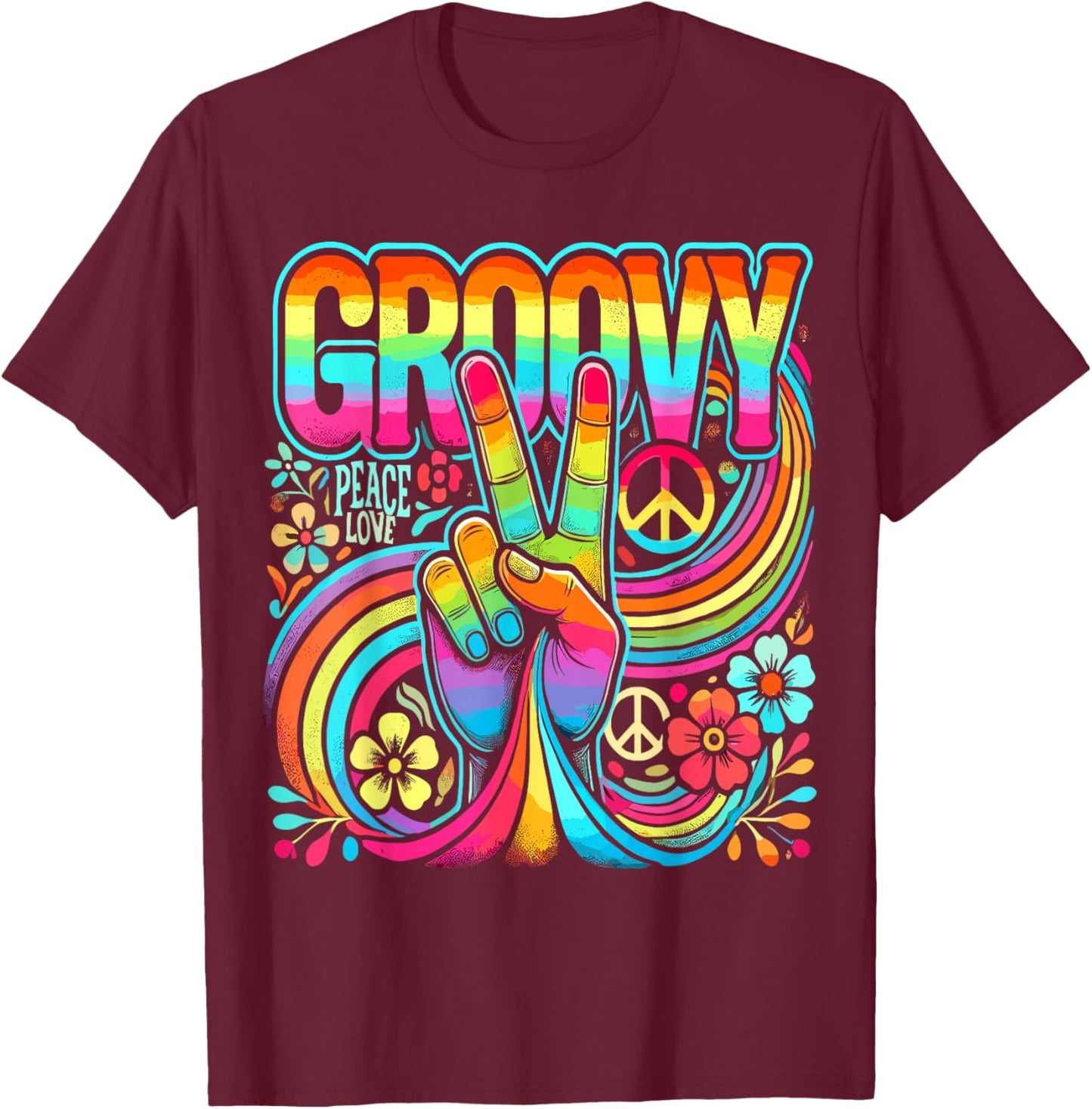 Tie Dye Peace Sign Hippie Love Groovy - -Adult, Small, Black, Short Sleeve, Classic Fit, , All Seasons T-Shirt - T-Shirt | Maroon