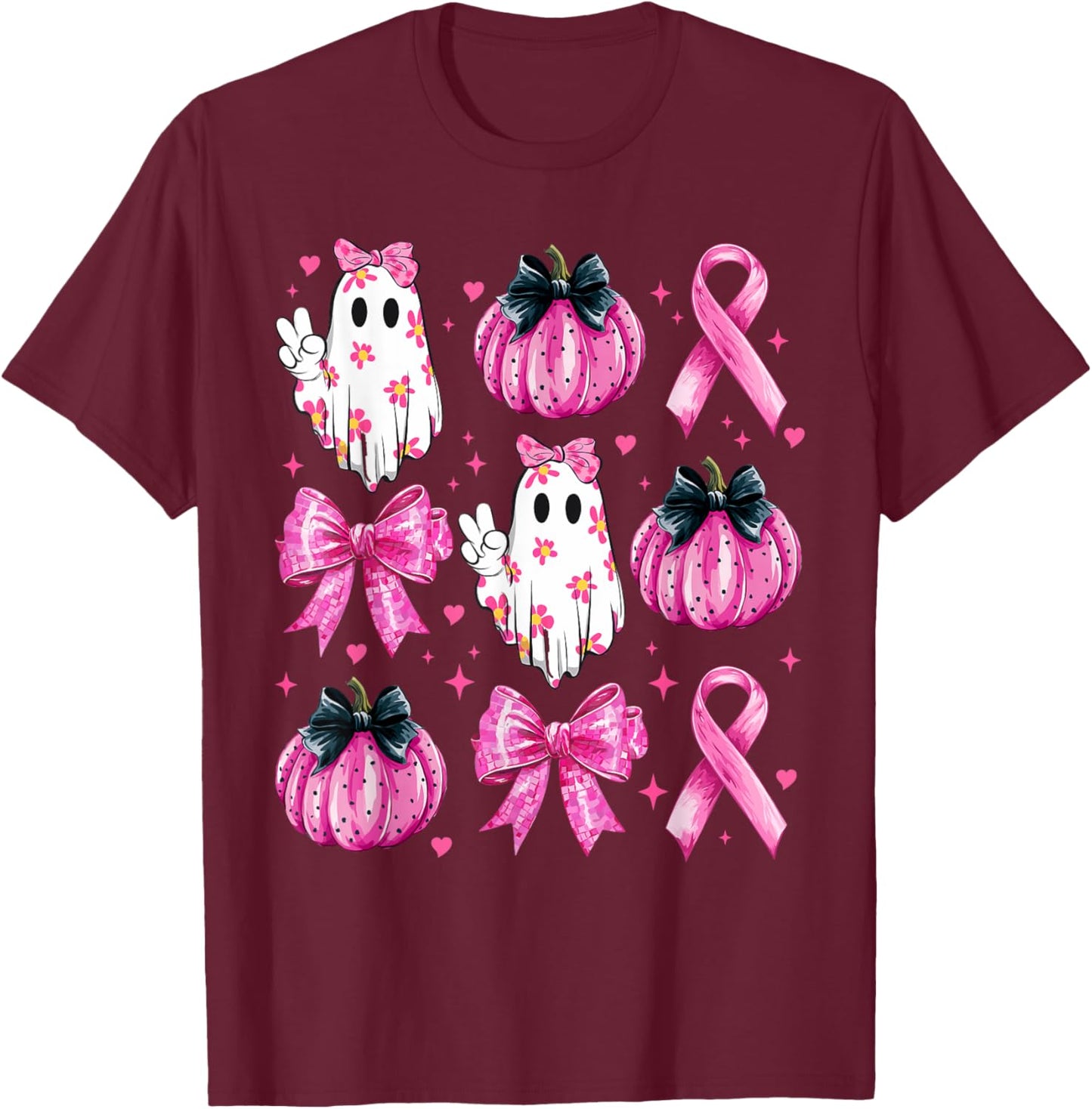 Retro Groovy Breast Cancer Ghost Coquette Halloween Pink T-Shirt - T-Shirt | Maroon