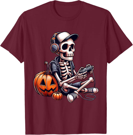 Funny Skeleton Playing Video Game Halloween Shirt Boys Gamer T-Shirt - T-Shirt | Maroon