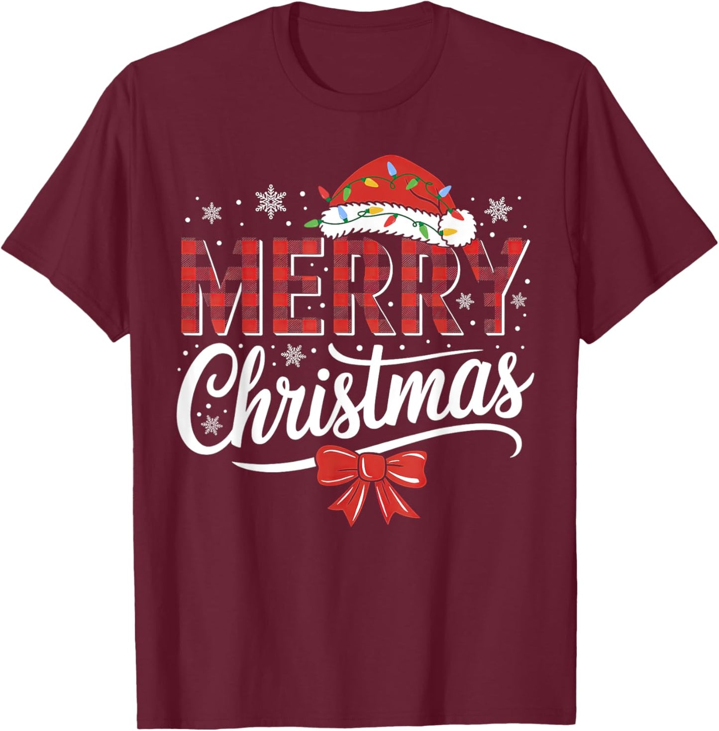 Merry Christmas Lights Red Santa Hat Xmas Family Men Women T-Shirt - T-Shirt | Maroon