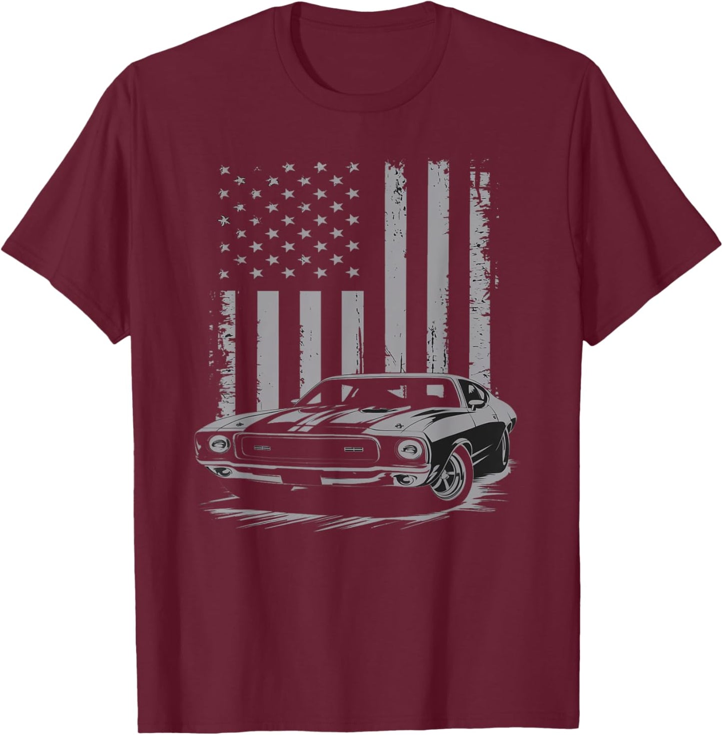 Vintage American USA Flag Muscle Car Enthusiast Fan Men Guy T-Shirt - T-Shirt | Maroon