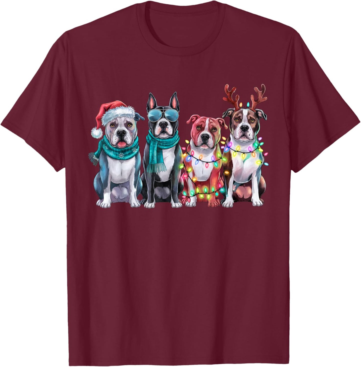 Pitbull Reindeer Christmas Lights Dog Lover Xmas Pajama T-Shirt - T-Shirt | Maroon
