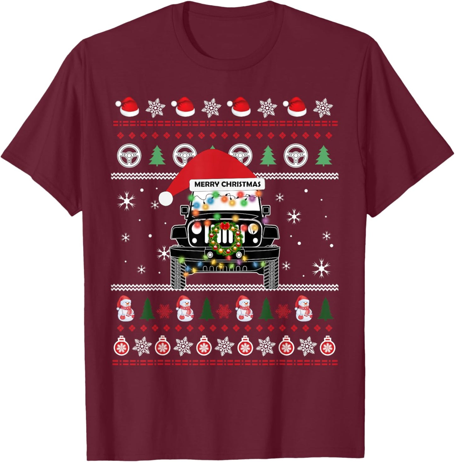 Merry Jeepmas Ugly Light Christmas T-Shirt - T-Shirt | Maroon