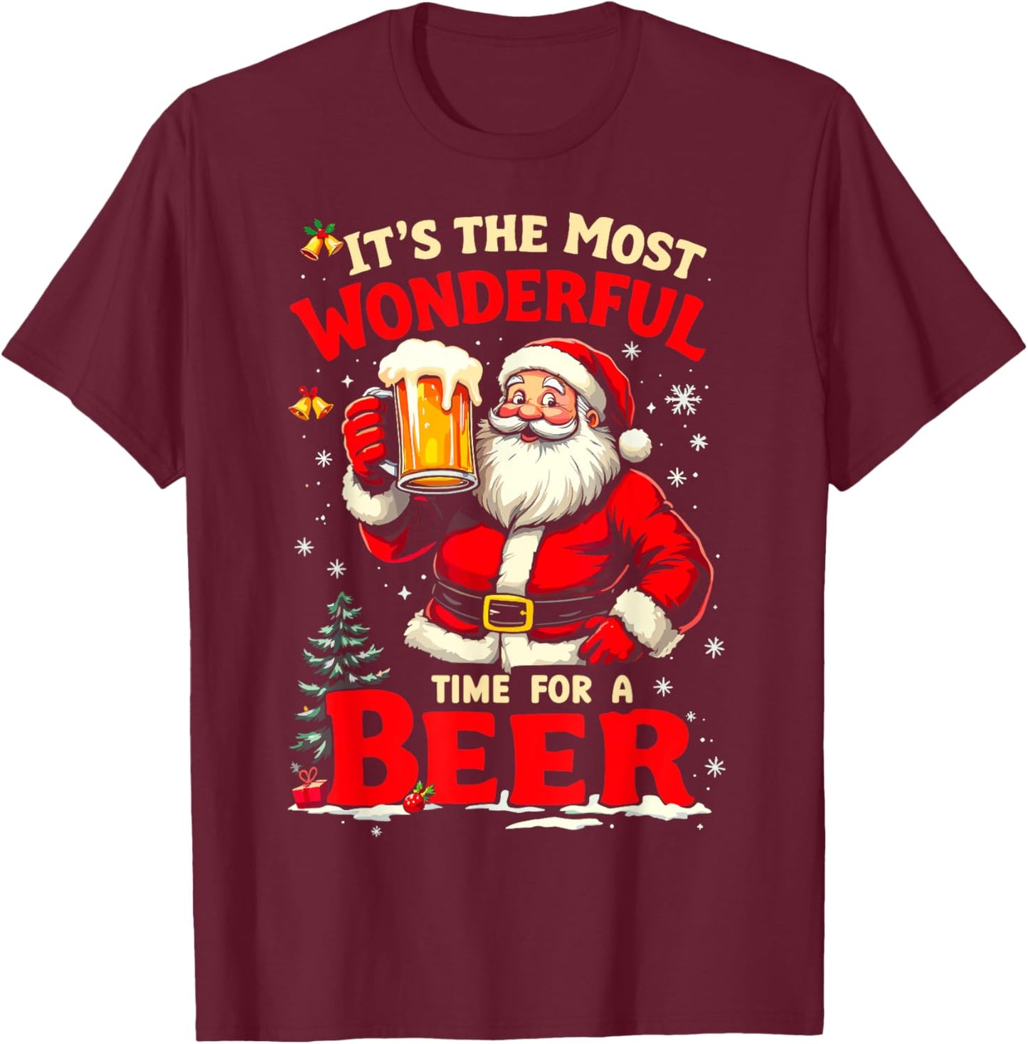 It's the Most Wonderful Time for a Beer Santa Christmas T-Shirt - T-Shirt | Maroon