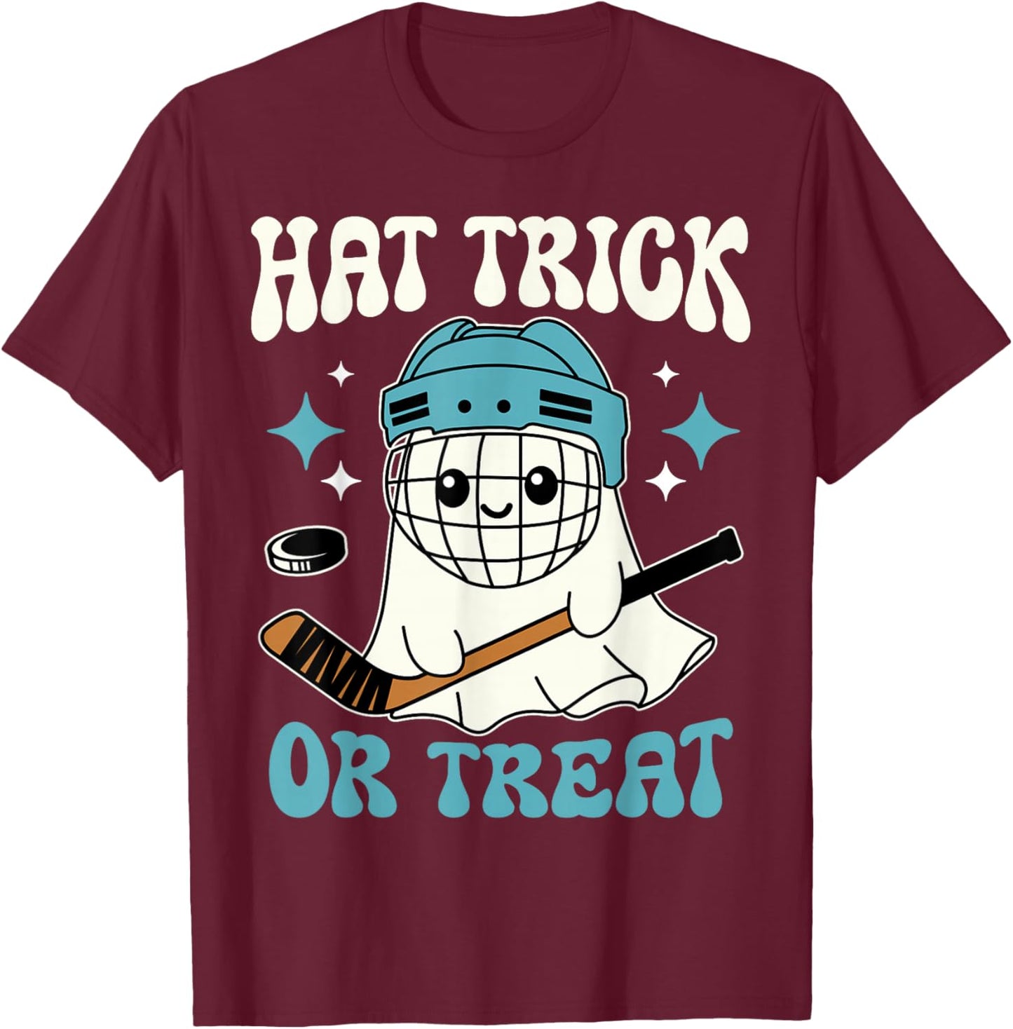 Hat Trick Or Treat Halloween Ice Hockey Player Ghost Hockey T-Shirt - T-Shirt | Maroon