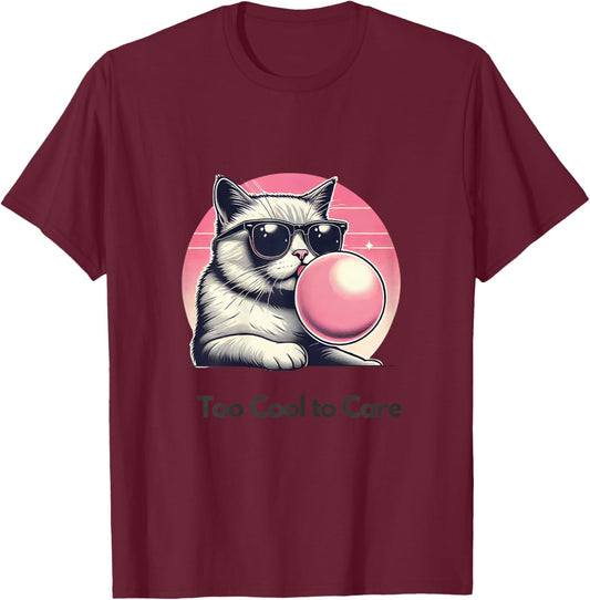 Too Cool to Care Cat Design with Bubble Gum Cat Lover Kids T-Shirt - T-Shirt | Maroon