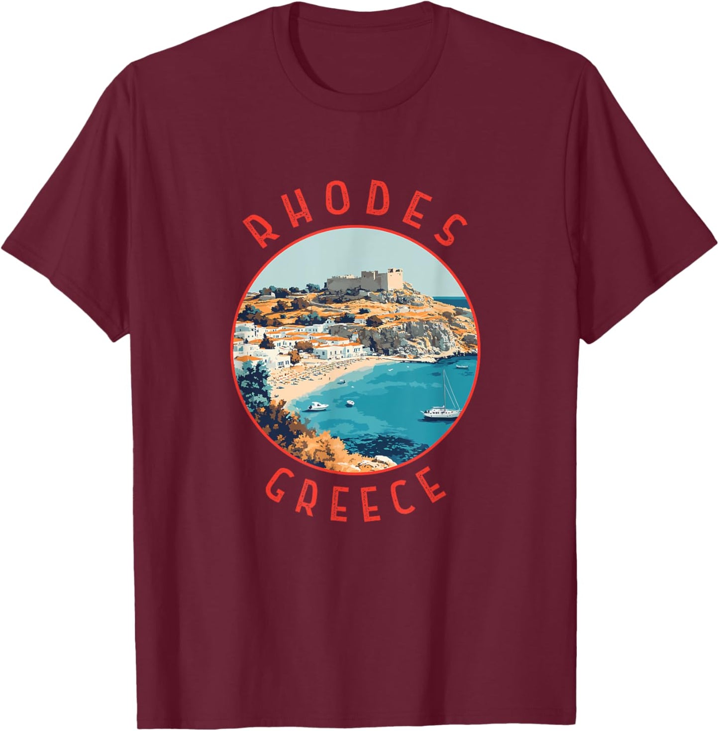 Rhodes Greece Retro Distressed Circle T-Shirt - T-Shirt | Maroon