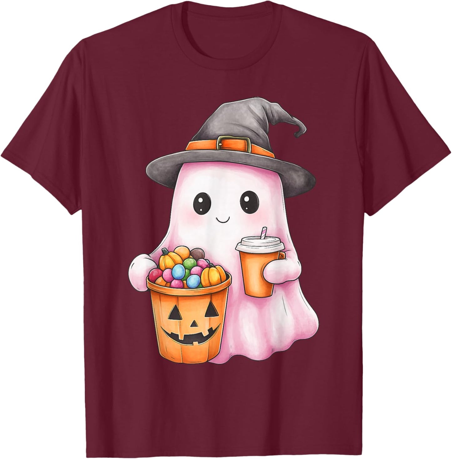 Cute Ghost Boo Coffee Pumpkin Hat Colorful candies Halloween T-Shirt - T-Shirt | Maroon