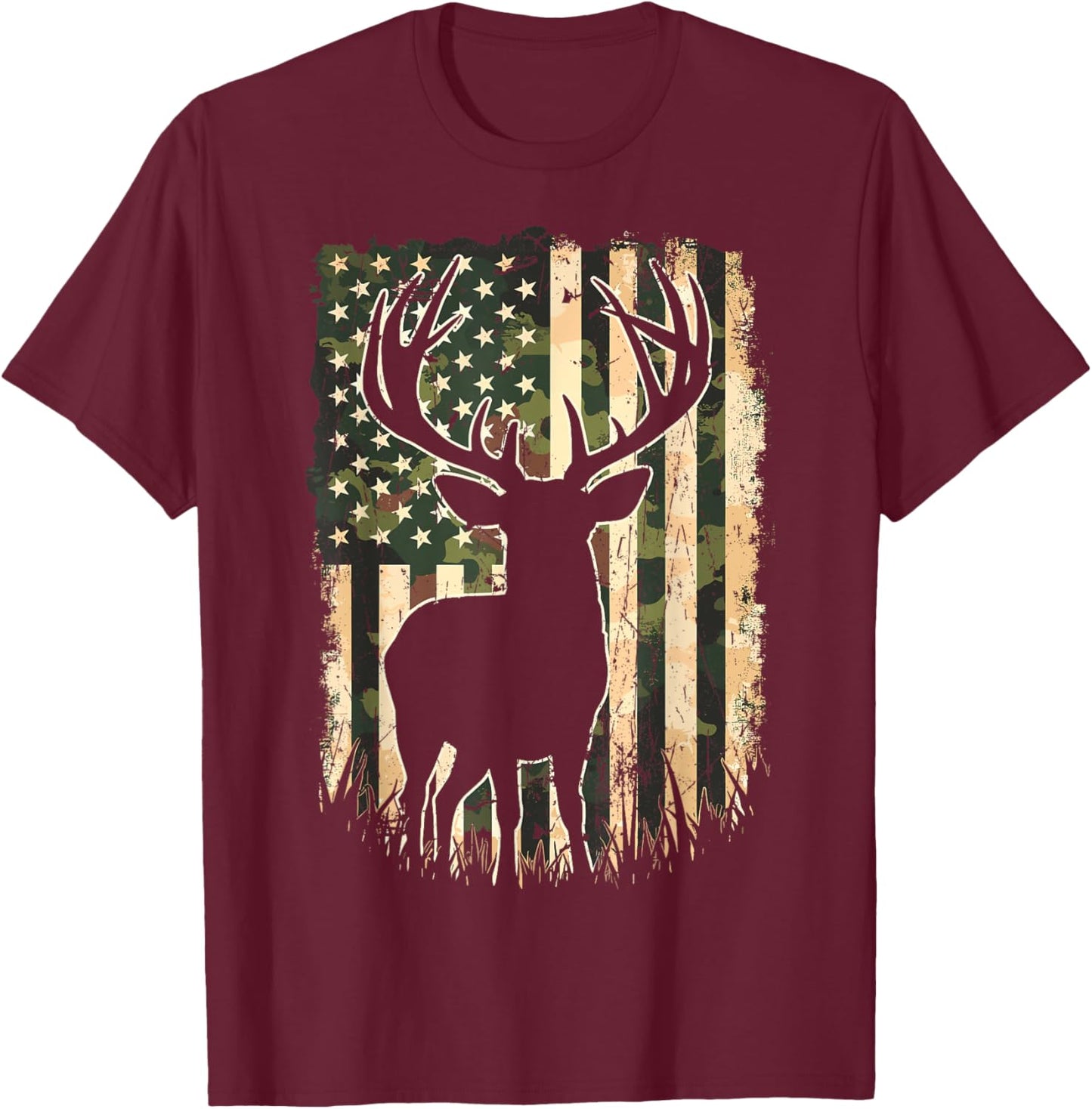 Camo US Flag Deer Hunting Camoflage Hunter T-Shirt - T-Shirt | Maroon