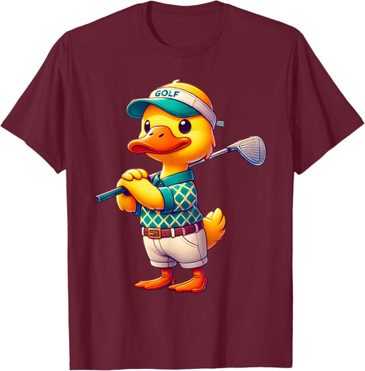 Cute Duck Playing Golf Golfer Golfing Men Women Kids T-Shirt - T-Shirt | Maroon