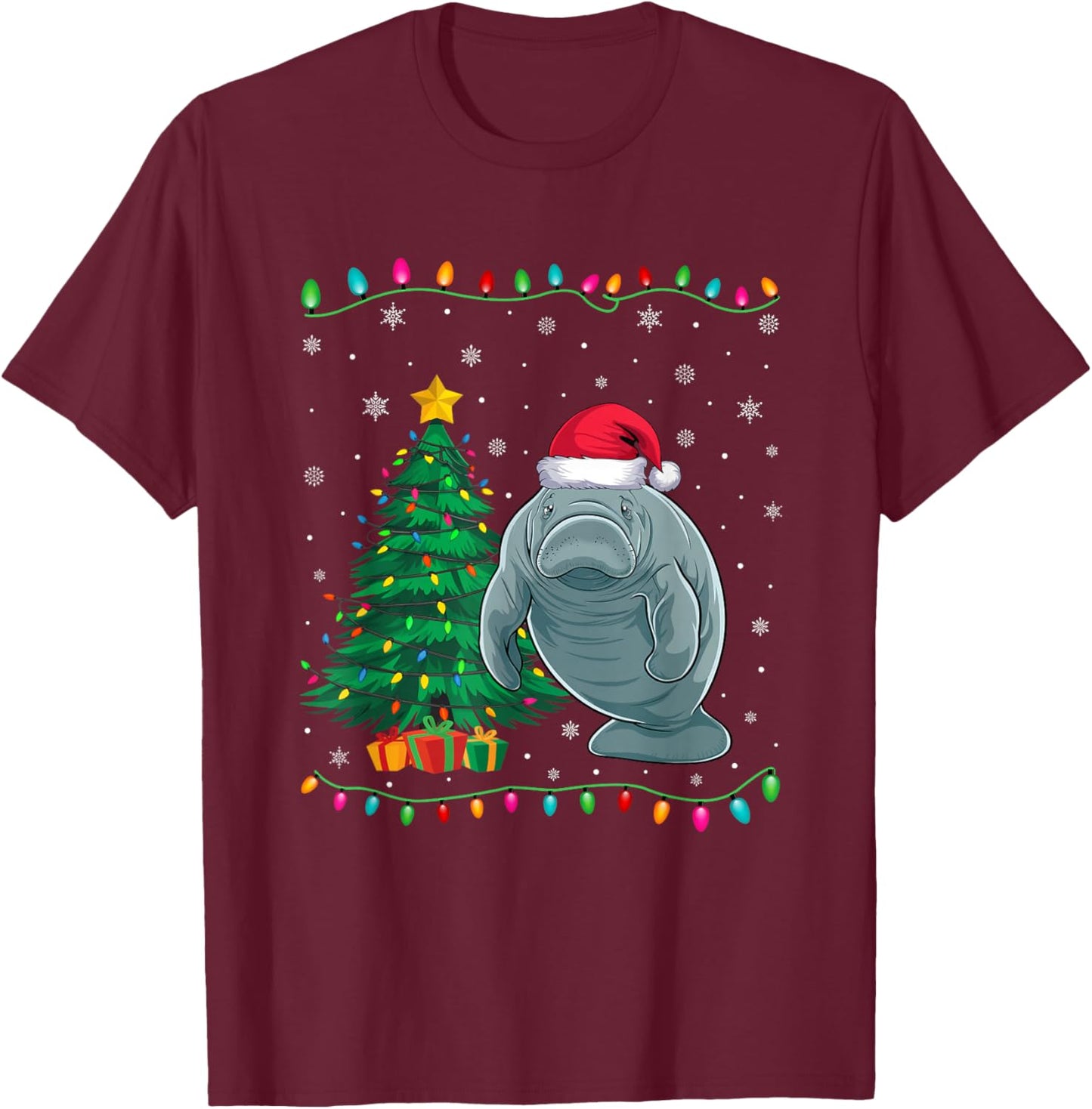Manatee Santa Hat Men Women Kids Christmas Tree Lights T-Shirt - T-Shirt | Maroon