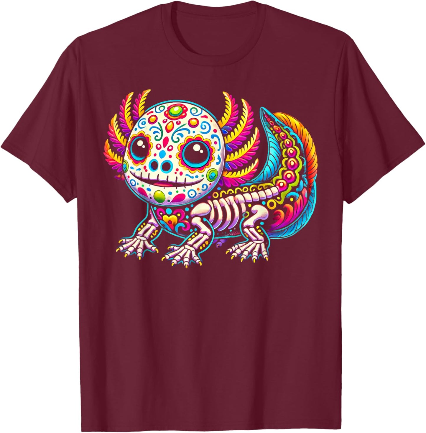Colorful Axolotl Día de Muertos Sugar Skull Day of the Dead T-Shirt - T-Shirt | Maroon