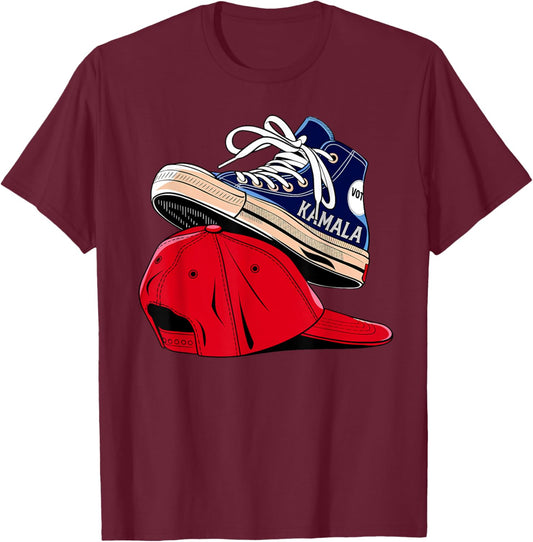 Kamala Harris High Heel Shoes Stepping On Red Hat Funny Vote T-Shirt - T-Shirt | Maroon