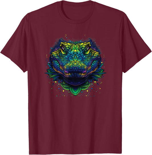 A Crocodile With Symmetrical Patterns, Vibrant Colors T-Shirt - T-Shirt | Maroon