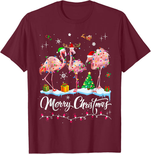 Funny Flamingo Lights Santa Hat Sweater Xmas Tree Christmas T-Shirt - T-Shirt | Maroon