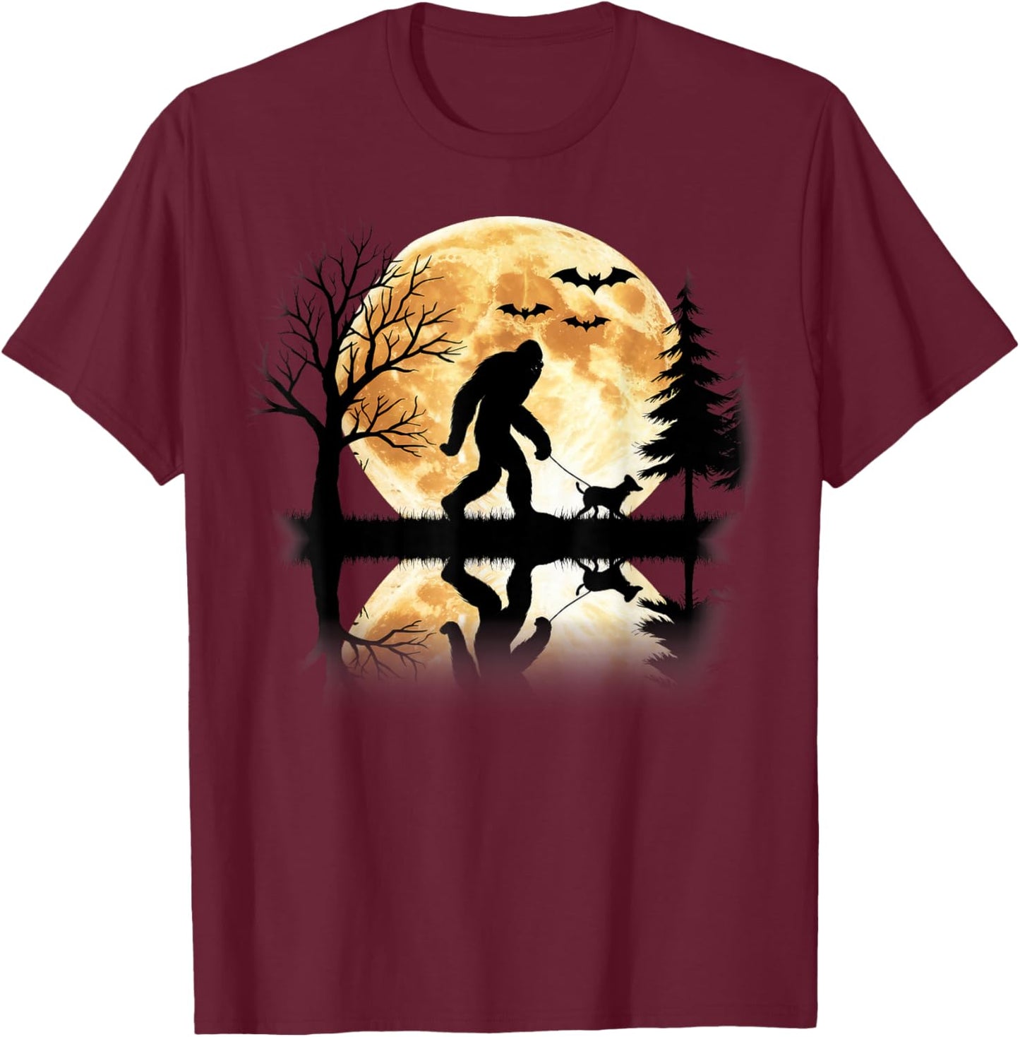 Bigfoot Walking With Dog Funny Halloween Moon T-Shirt - T-Shirt | Maroon