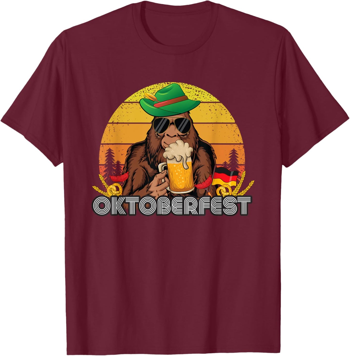 Sasquatch German Beer Lederhose, Funny Bigfoot Oktoberfest T-Shirt - T-Shirt | Maroon