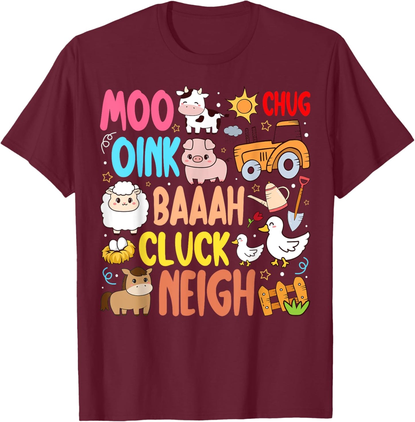 Farm Animals Sounds Oink Baa Neigh Cluck Moo Toddler Farmer T-Shirt - T-Shirt | Maroon