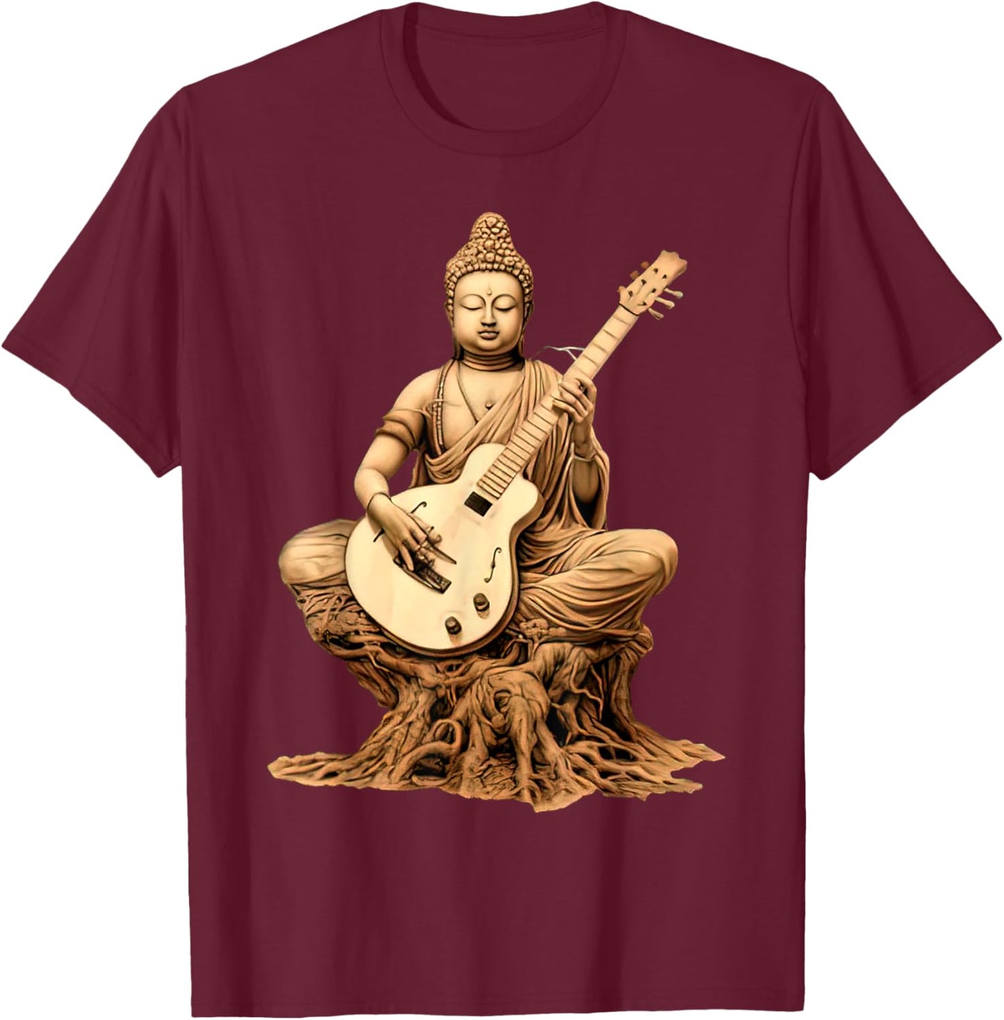 Vintage Buddha Playing Guitar Yoga Buddhist Yogi Music Lover T-Shirt - T-Shirt | Maroon