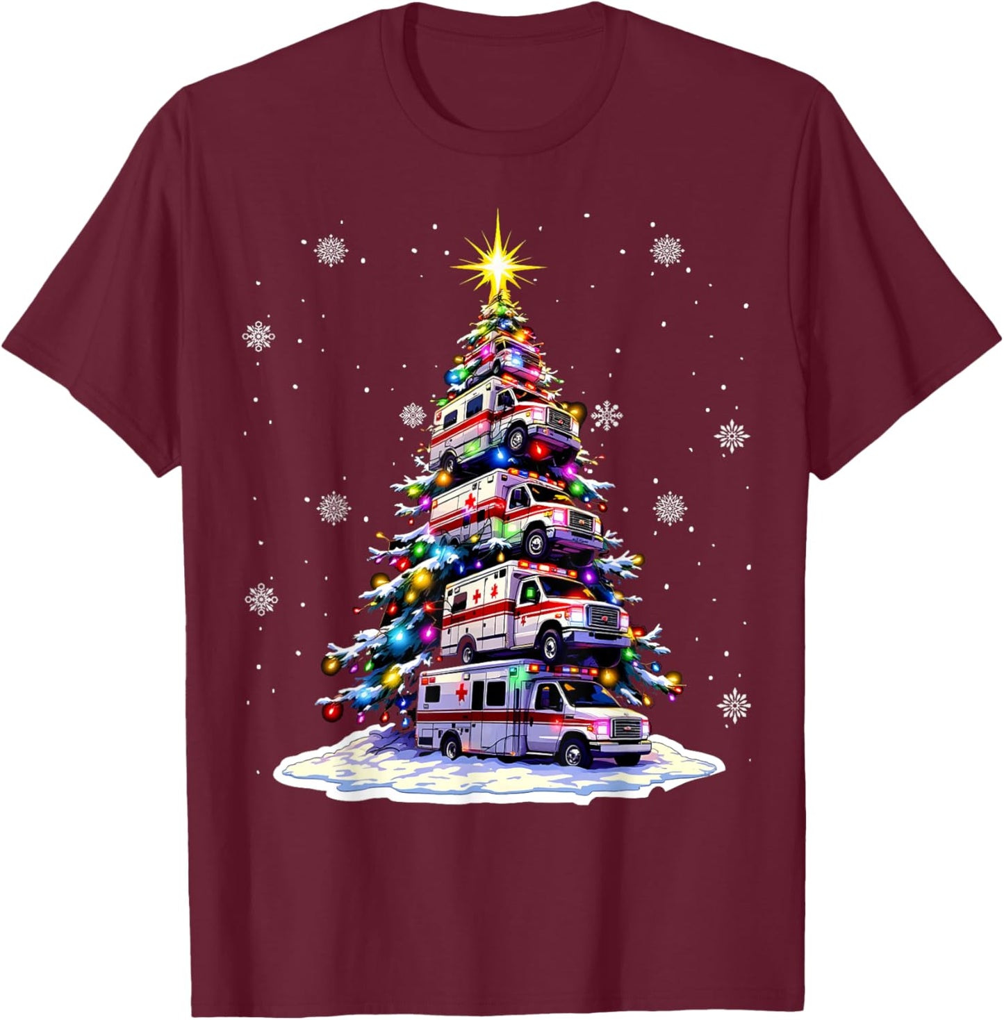 Ambulance Christmas Tree Funny Holiday EMS Medical Workers T-Shirt - T-Shirt | Maroon