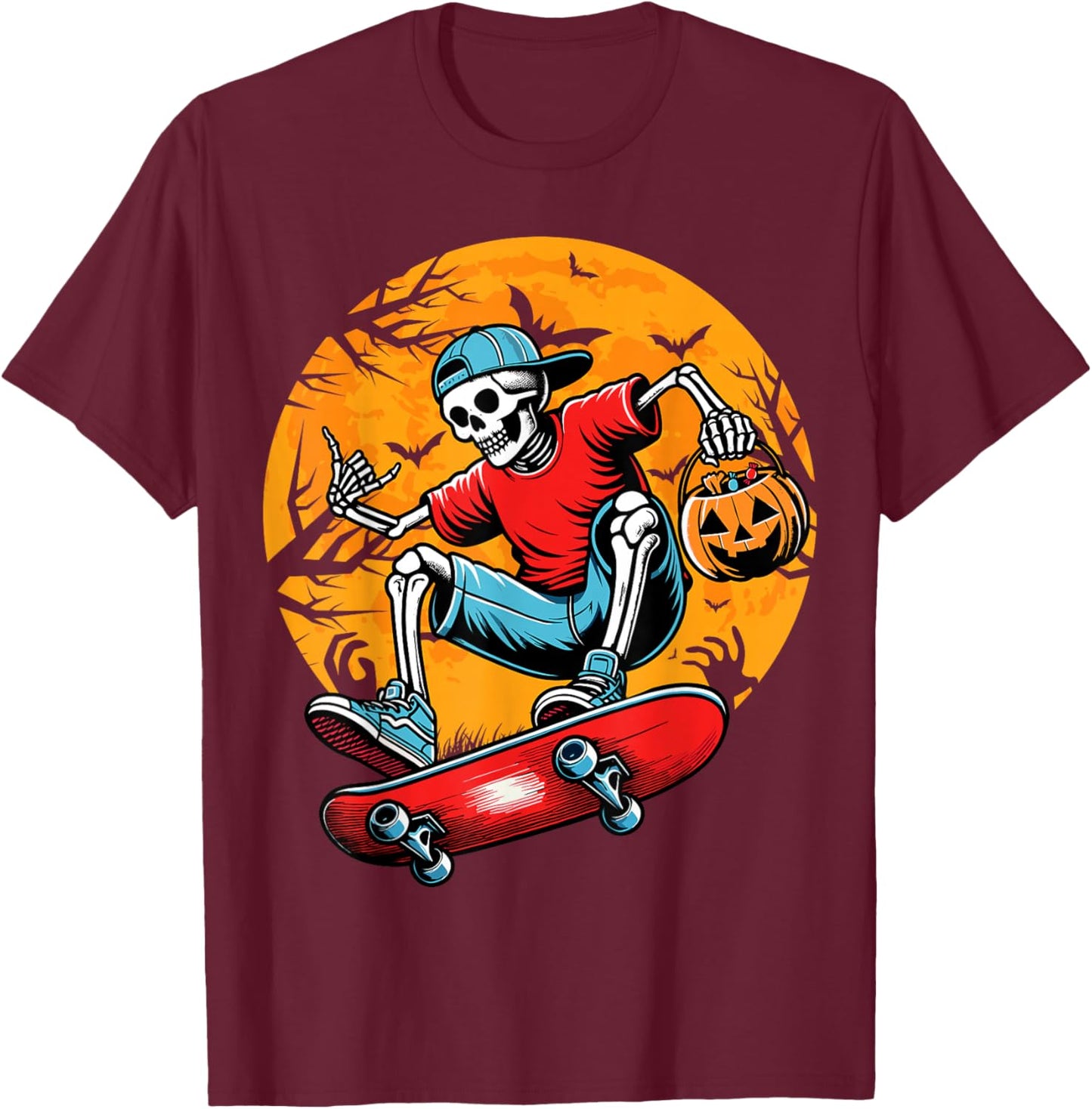 Skateboarding Skeleton Pumpkin Funny Skateboard Halloween T-Shirt - T-Shirt | Maroon