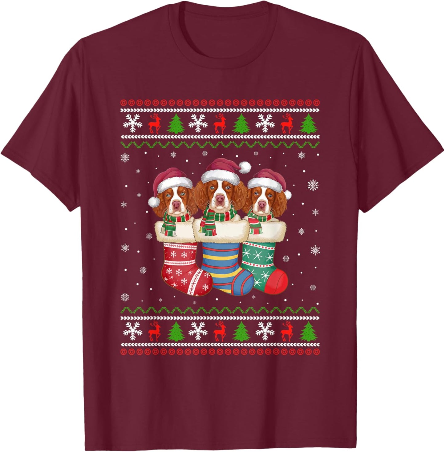 Ugly Xmas Sweater Brittany Spaniel Dog In Christmas Socks Men Women Kids T-Shirt - T-Shirt | Maroon
