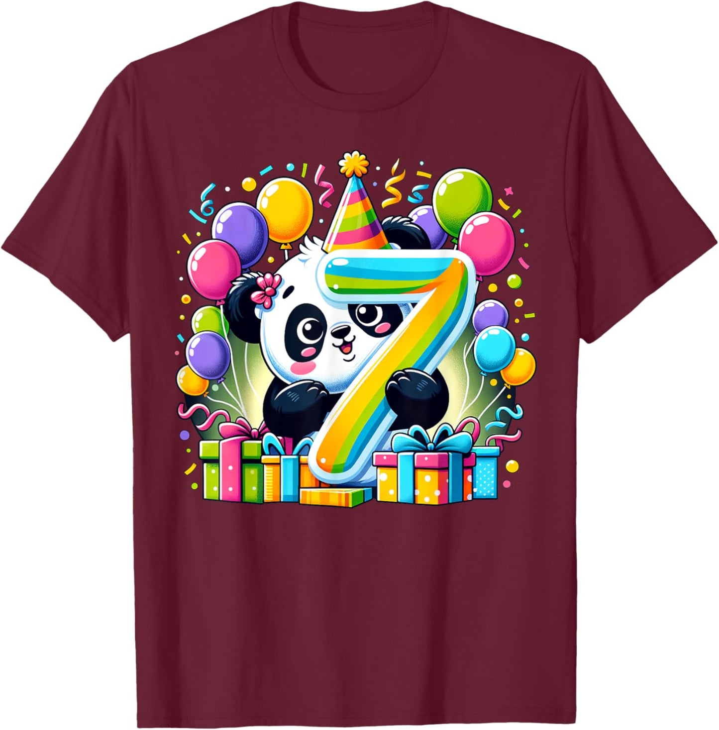 Kids Panda Theme seventh Bday Party 7th Panda Birthday T-Shirt - T-Shirt | Maroon