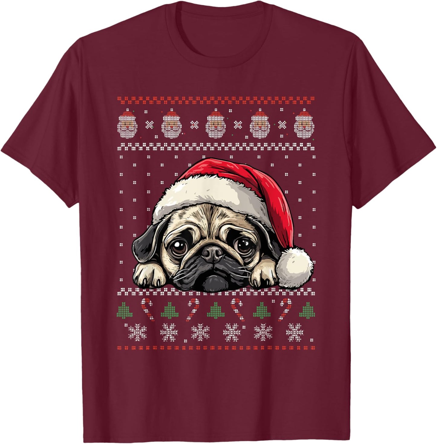 Ugly Christmas Sweater Pug Santa Hat Dog Lover Art T-Shirt - T-Shirt | Maroon