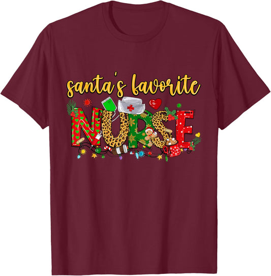 Nurse Life - Merry Christmas, xmas, Santa's Favorite Nurse T-Shirt - T-Shirt | Maroon