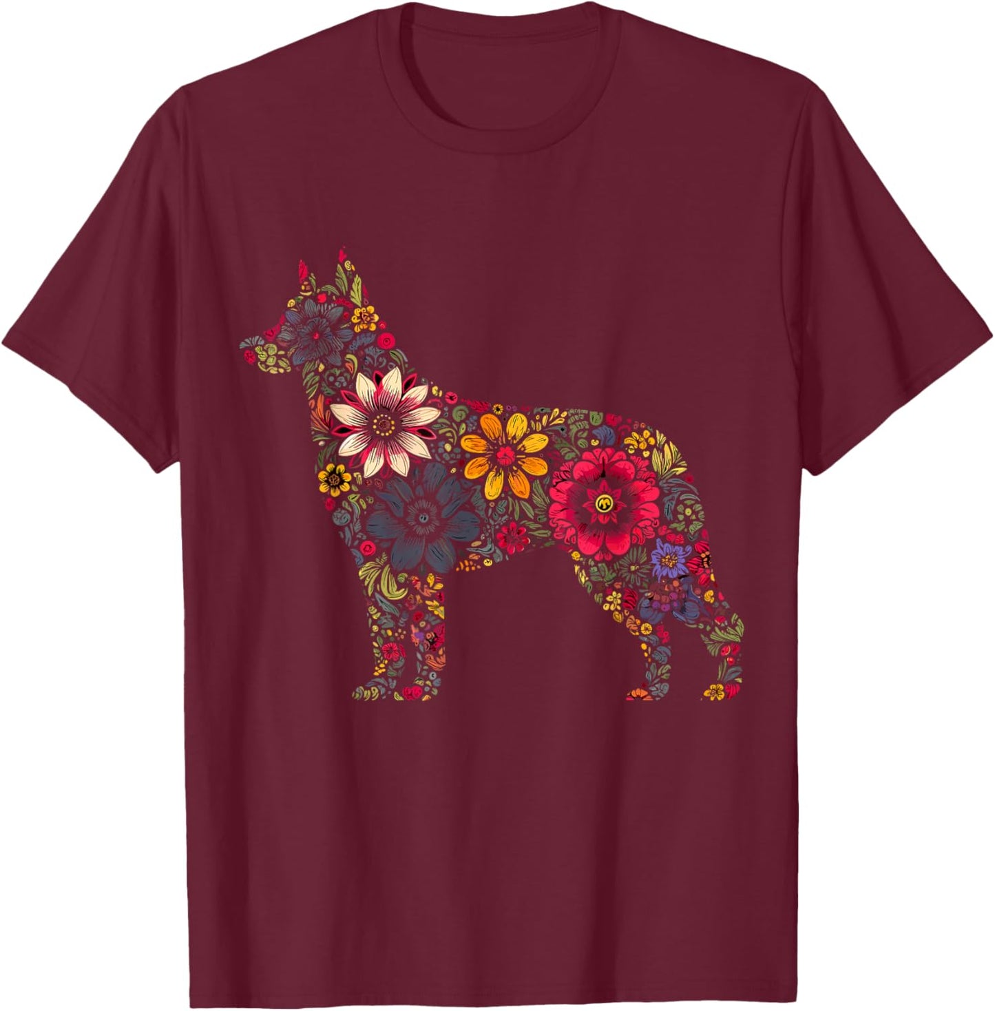 Floral German Shepherd T-Shirt - T-Shirt | Maroon
