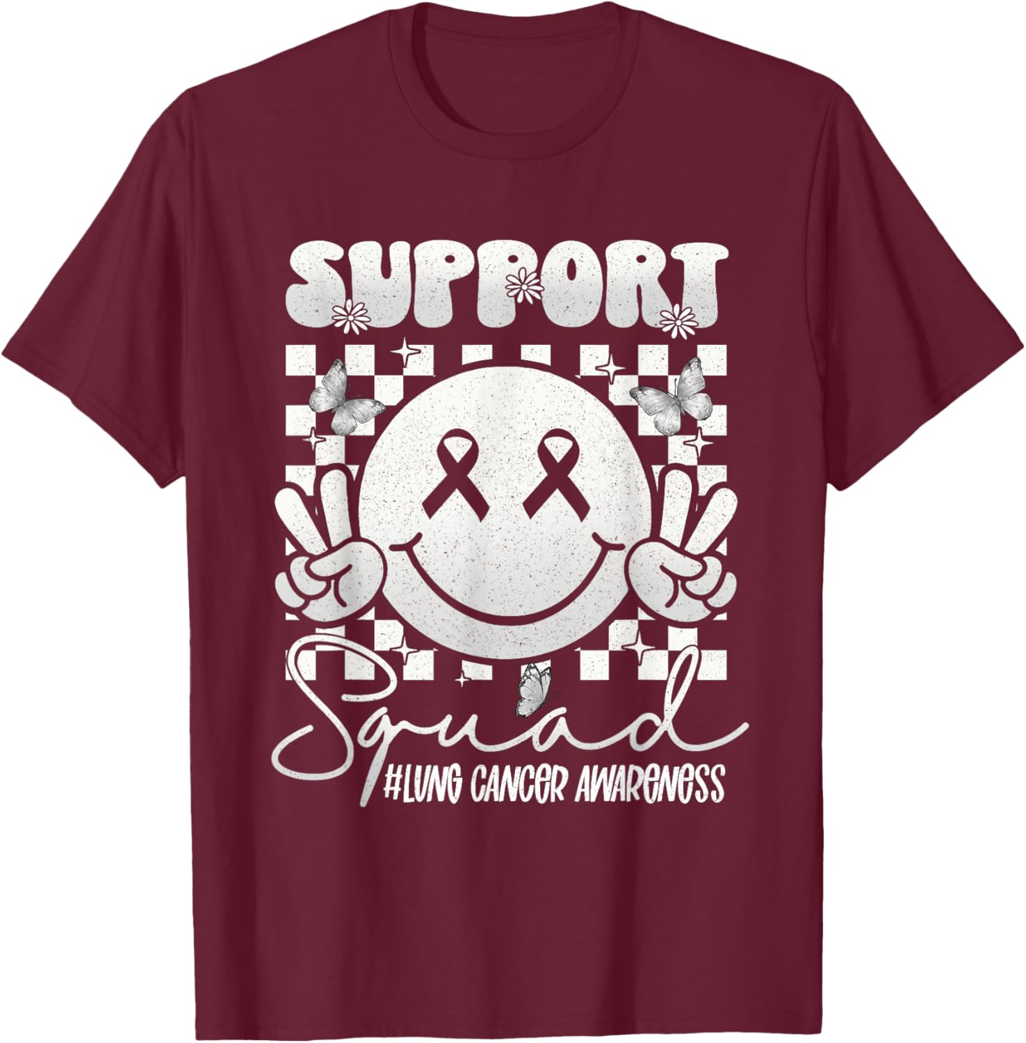 Lung Cancer Awareness Smile Face Support White Ribbon T-Shirt - T-Shirt | Maroon