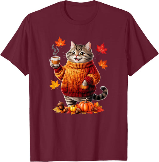 Cozy Cat With Sweater Funny Fall Graphic Women Girls Kids T-Shirt - T-Shirt | Maroon