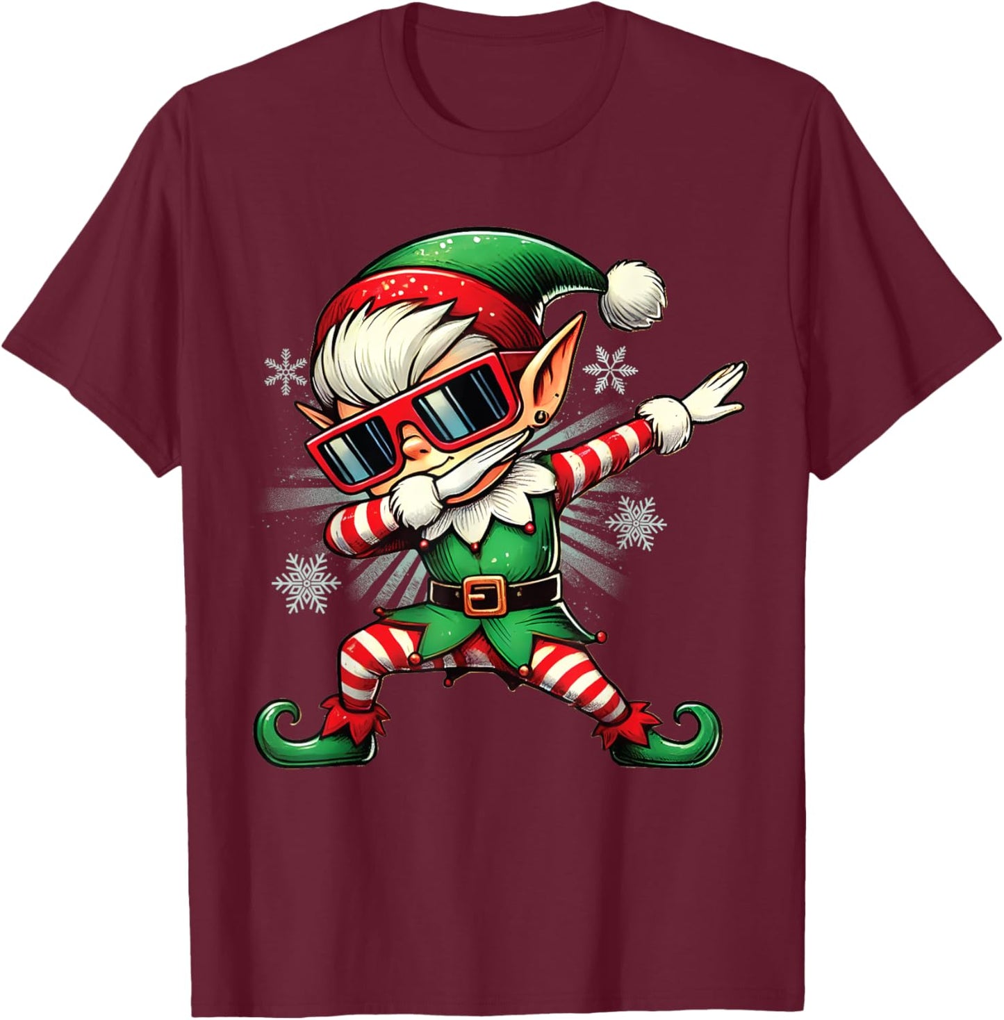Cool Elf Dabbing Through The Snow Funny Christmas Boys Kids T-Shirt - T-Shirt | Maroon