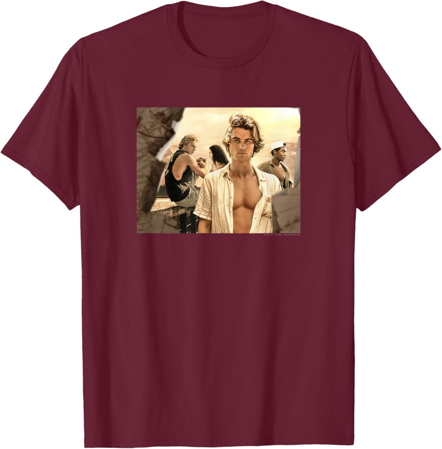 Outer Banks John B Group Shot Distressed Front Back Poster T-Shirt - T-Shirt | Maroon