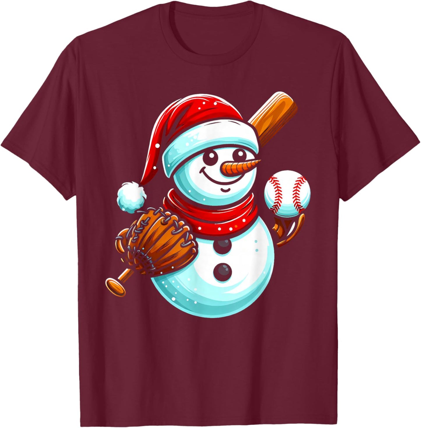 Baseball Snowman Santa Hat Christmas Xmas Boys Girls Kids T-Shirt - T-Shirt | Maroon