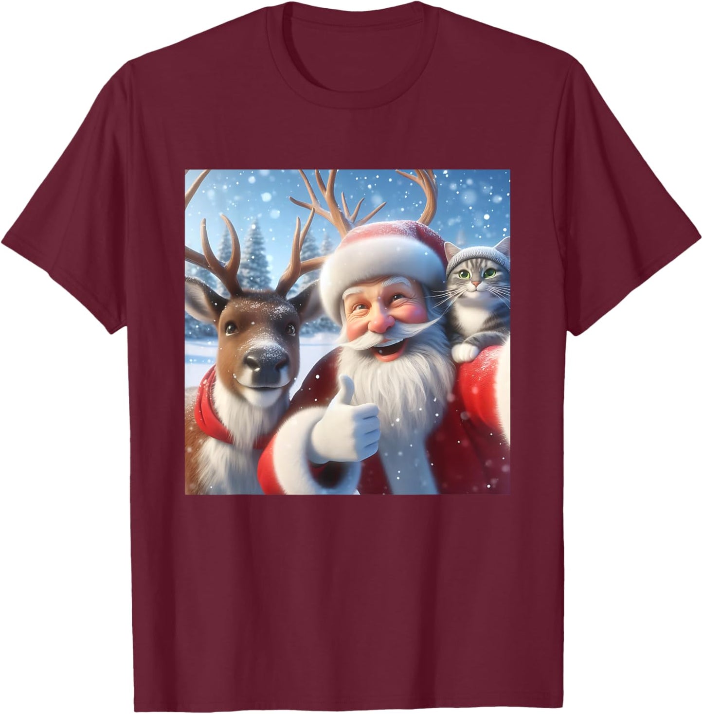 Reindeer Cat Selfie Christmas Funny Cute Santa T-Shirt - T-Shirt | Maroon