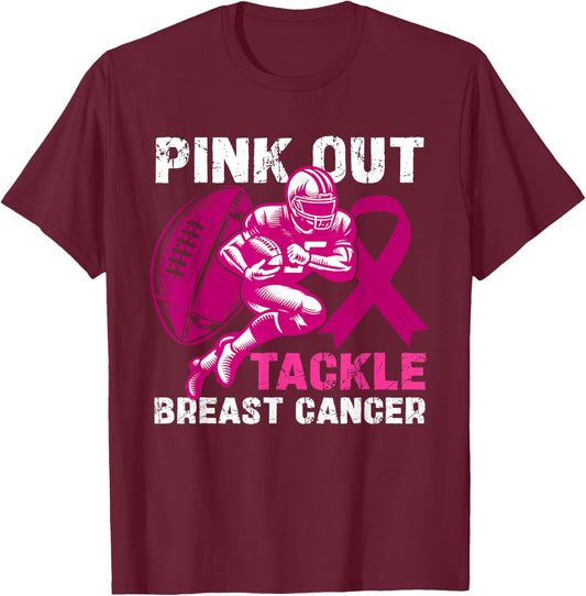 Pink Out Tackle Breast Cancer Awareness Football Players T-Shirt - T-Shirt | Maroon