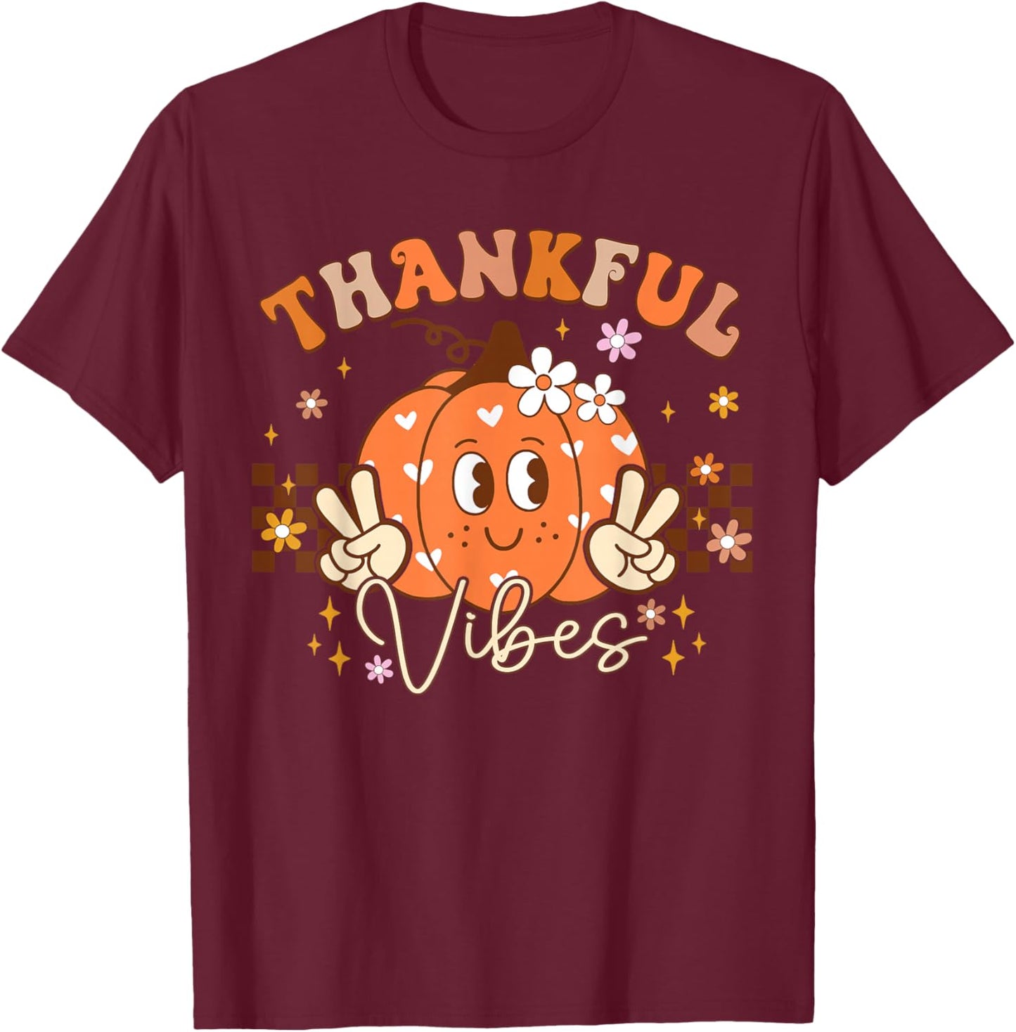 Retro Groovy Fall Pumpkin Peace Thanksgiving Women Girls T-Shirt - T-Shirt | Maroon