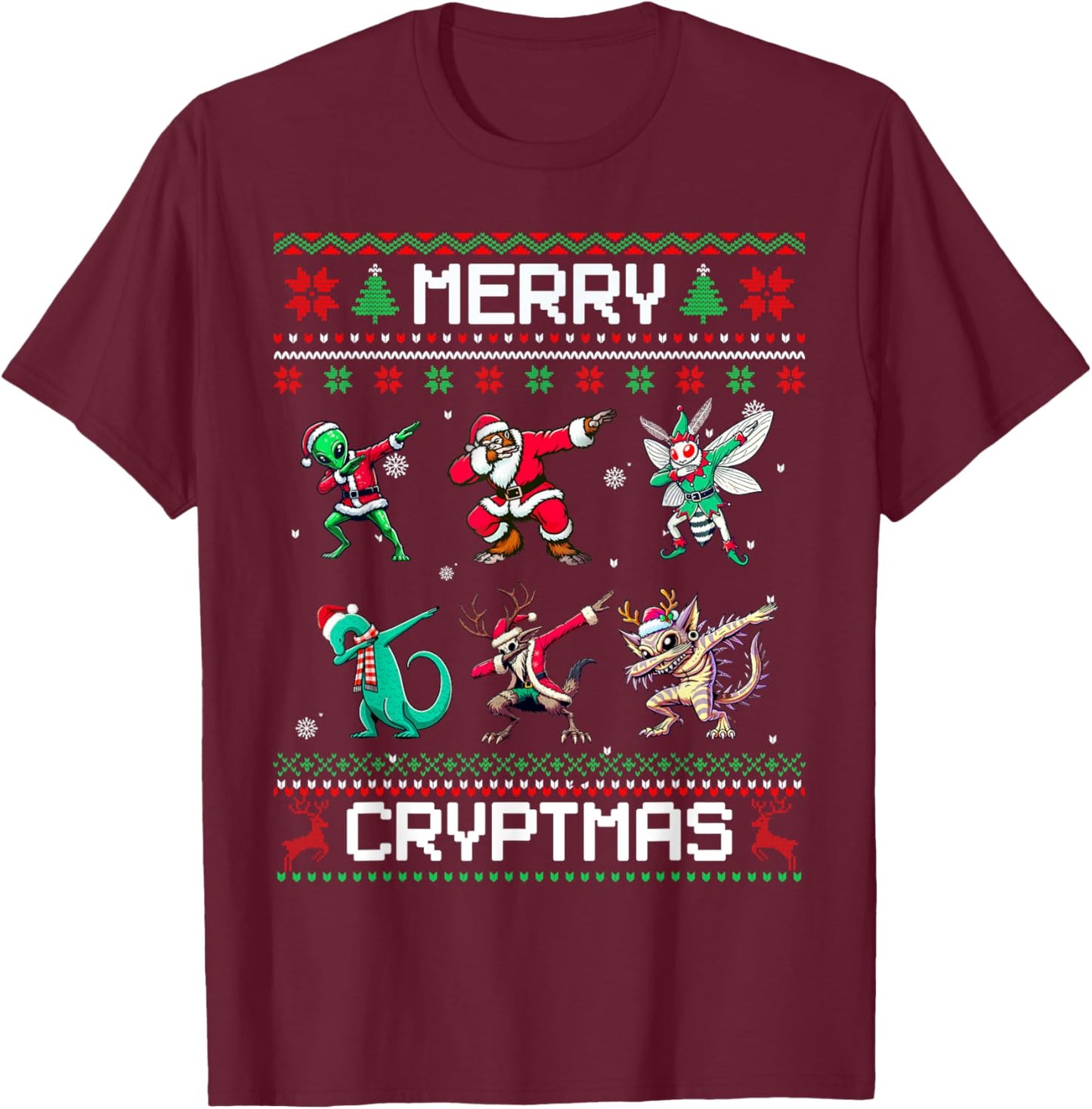 Merry Cryptmas Dabbing Cryptid Ugly Christmas Sweater T-Shirt - T-Shirt | Maroon
