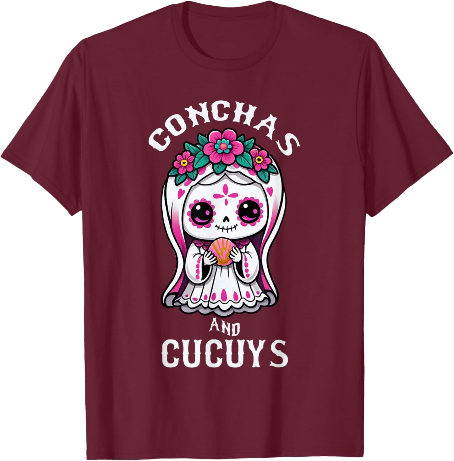 Conchas and Cucuys Mexican Halloween Ghost Concha Costume T-Shirt - T-Shirt | Maroon